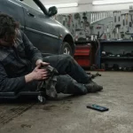 Mechanik przerywa pracę pod samochodem, żeby odebrać telefon
