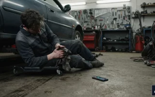 Mechanik przerywa pracę pod samochodem, żeby odebrać telefon